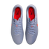 Top-down view of light blue Nike Tiempo soccer cleats with bright orange insoles and matching light blue laces against a black background.