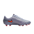 Lavender Nike soccer cleat with a pearlescent finish, featuring an orange swoosh and bright red studs on a black background.