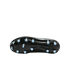 A bottom view of a black soccer cleat outsole featuring light blue circular and crescent-shaped studs, set against a solid black background.