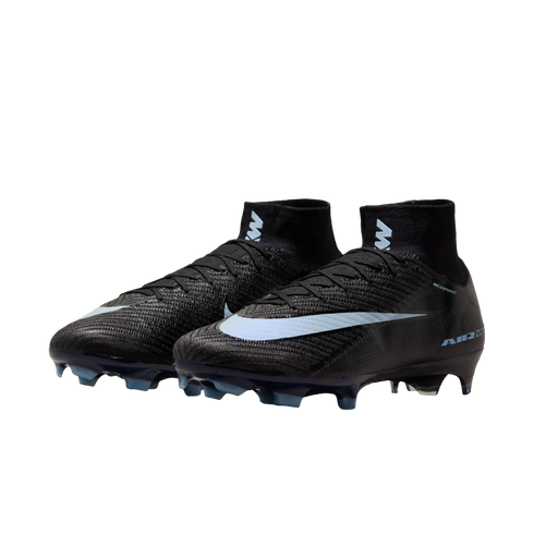 Pair of black Nike Mercurial soccer cleats with light blue swooshes and studs, featuring a high-top collar, shown against a solid black background.
