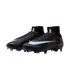 Pair of black Nike Mercurial soccer cleats with light blue swooshes and studs, featuring a high-top collar, shown against a solid black background.