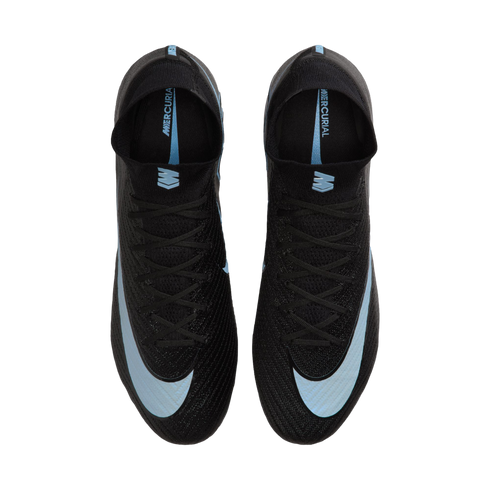 A pair of black Nike Mercurial soccer cleats with light blue swoosh logos, shown from a top-down perspective against a black background.