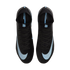 A pair of black Nike Mercurial soccer cleats with light blue swoosh logos, shown from a top-down perspective against a black background.