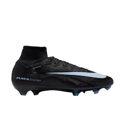 A black Nike Air Zoom soccer cleat with a white swoosh and high-top ankle collar, viewed from the side against a black background.