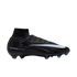 A black Nike Air Zoom soccer cleat with a white swoosh and high-top ankle collar, viewed from the side against a black background.