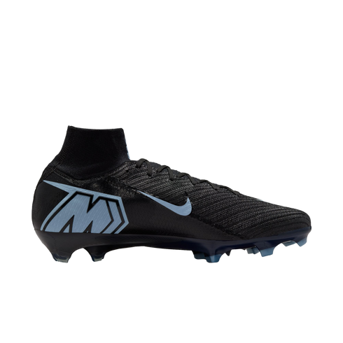 Profile of a black Nike Mercurial soccer cleat with light blue accents, a high-top collar, and a large "M" logo on the heel, shown against a black background.