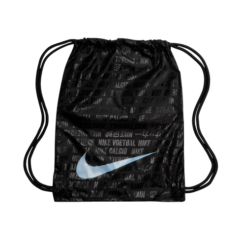 Black Nike drawstring bag featuring a large light blue swoosh over a tonal pattern of the Nike logo and "football" written in multiple languages.