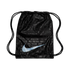 Black Nike drawstring bag featuring a large light blue swoosh over a tonal pattern of the Nike logo and "football" written in multiple languages.