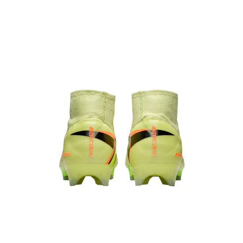 Rear view of bright yellow Nike Mercurial soccer cleats with black and orange accents and high-top collars against a black background.