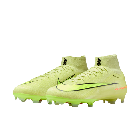A pair of lime green Nike soccer cleats with black Swoosh logos and high-top collars against a black background.