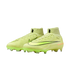 A pair of lime green Nike soccer cleats with black Swoosh logos and high-top collars against a black background.