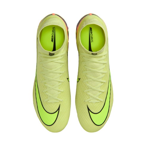 Top-down view of two neon green Nike Mercurial soccer cleats with high-top collars and black swooshes on a black background.