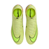 Top-down view of two neon green Nike Mercurial soccer cleats with high-top collars and black swooshes on a black background.