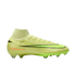 Side profile of a neon lime green Nike Mercurial Superfly soccer cleat with a black swoosh and orange branding on a solid black background.