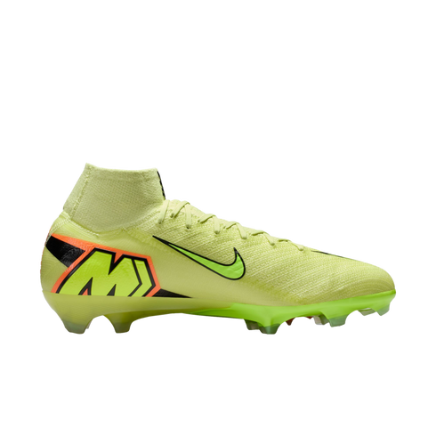 A side profile of a neon yellow Nike Mercurial Superfly soccer cleat with a sock collar against a black background.