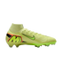 A side profile of a neon yellow Nike Mercurial Superfly soccer cleat with a sock collar against a black background.