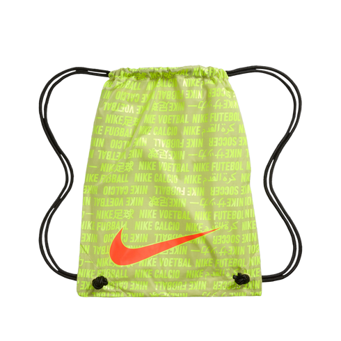 Neon yellow Nike drawstring bag with a repeating multilingual "Nike Soccer" pattern and a large orange swoosh logo.