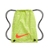 Neon yellow Nike drawstring bag with a repeating multilingual "Nike Soccer" pattern and a large orange swoosh logo.