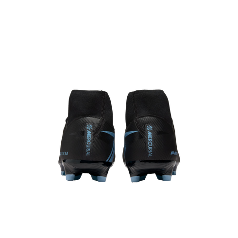Rear view of black Nike Mercurial soccer cleats with light blue accents on the heels and studs, set against a black background.