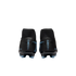 Rear view of black Nike Mercurial soccer cleats with light blue accents on the heels and studs, set against a black background.