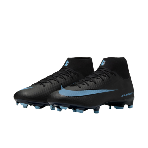 A pair of black Nike soccer cleats with light blue Swoosh logos and studs, set against a solid black background.