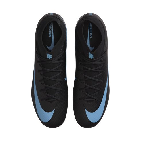 Top-down view of black Nike Mercurial soccer cleats with light blue Nike swooshes and branding, set against a solid black background.