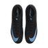 Top-down view of black Nike Mercurial soccer cleats with light blue Nike swooshes and branding, set against a solid black background.