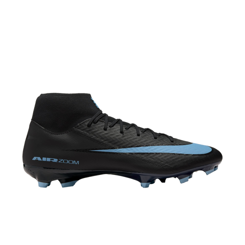 A black Nike Air Zoom soccer cleat with light blue accents and a high-top collar, shown from the side against a black background.