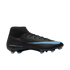A black Nike Air Zoom soccer cleat with light blue accents and a high-top collar, shown from the side against a black background.