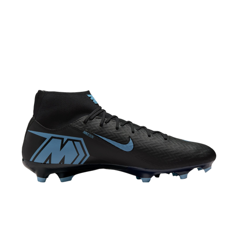 Black Nike Mercurial soccer cleat with light blue accents, a high-top collar, and blue studs, isolated on a solid black background.