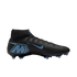 Black Nike Mercurial soccer cleat with light blue accents, a high-top collar, and blue studs, isolated on a solid black background.