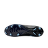 Bottom view of a sleek dark blue and black soccer cleat, highlighting its light blue traction studs against a solid black background.