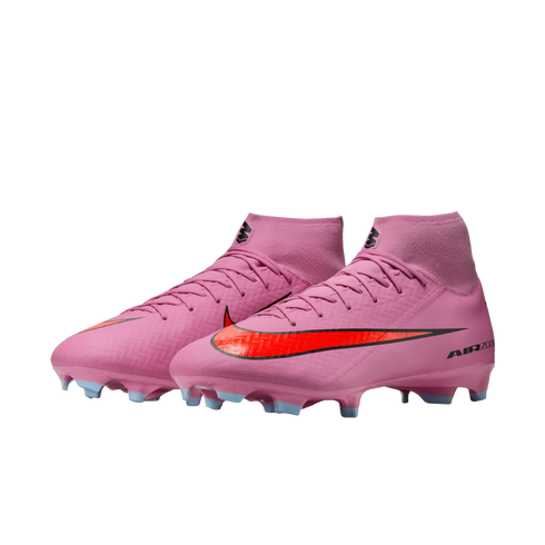 Pink Nike Mercurial Superfly soccer cleats with a bright orange swoosh and high-top collar shown against a black background.