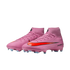 Pink Nike Mercurial Superfly soccer cleats with a bright orange swoosh and high-top collar shown against a black background.