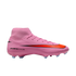 A bright pink Nike soccer cleat with a high-top sock collar, a red-orange swoosh, and "AIR ZOOM" branding on the side, set against a black background.