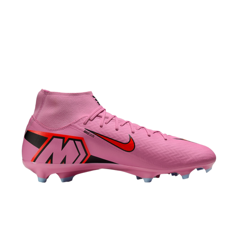 A bright pink Nike Mercurial soccer cleat featuring a high ankle collar, a red and black Nike Swoosh, and a large "M" logo on the heel.