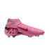 A bright pink Nike Mercurial soccer cleat featuring a high ankle collar, a red and black Nike Swoosh, and a large "M" logo on the heel.