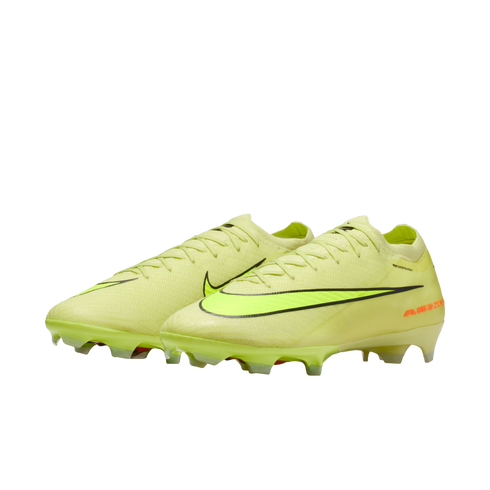 A pair of neon yellow Nike soccer cleats with a black swoosh and orange "AIR ZOOM" branding on the heel, set against a black background.