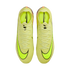 Top-down view of neon yellow Nike Mercurial soccer boots with black swooshes on a black background.