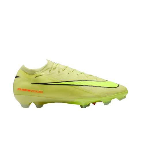 Side view of a neon yellow Nike soccer cleat featuring a black swoosh and orange "AIR ZOOM" branding, set against a solid black background.