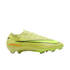 Side view of a neon yellow Nike soccer cleat featuring a black swoosh and orange "AIR ZOOM" branding, set against a solid black background.