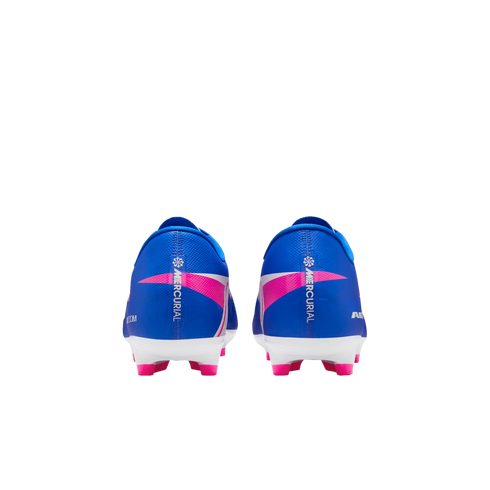 Rear view of bright blue Nike Mercurial soccer cleats with pink studs and white soles, featuring "MERCURIAL" branding on the heels against a black background.