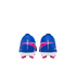Rear view of bright blue Nike Mercurial soccer cleats with pink studs and white soles, featuring "MERCURIAL" branding on the heels against a black background.