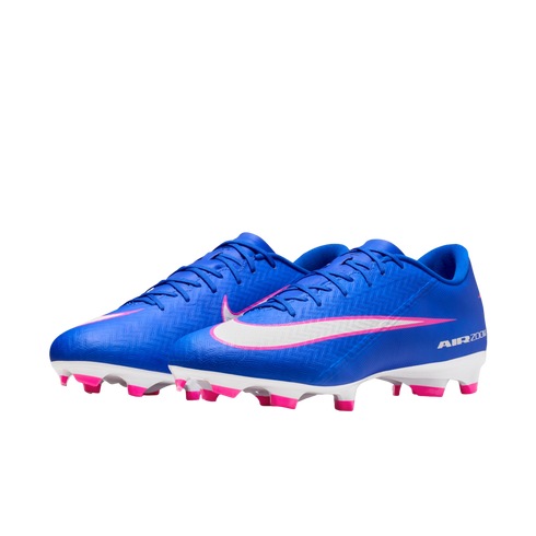 A pair of bright blue Nike soccer cleats with white swooshes outlined in pink, white soles, and pink studs, displayed against a black background.