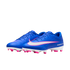 A pair of bright blue Nike soccer cleats with white swooshes outlined in pink, white soles, and pink studs, displayed against a black background.
