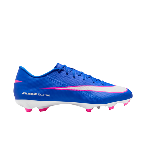 Blue Nike soccer cleat with a white Swoosh outlined in pink, 'AIR ZOOM' branding on the heel, and pink studs on a white soleplate.