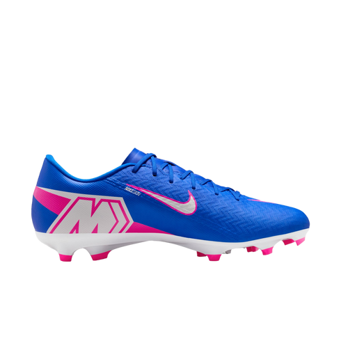 Lateral view of a blue Nike soccer cleat with pink and white accents and a silver swoosh, set against a black background.