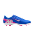 Lateral view of a blue Nike soccer cleat with pink and white accents and a silver swoosh, set against a black background.
