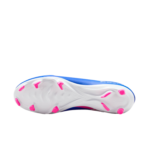 Underside of a blue Nike soccer cleat featuring a white soleplate with bright pink traction studs.