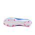 Underside of a blue Nike soccer cleat featuring a white soleplate with bright pink traction studs.